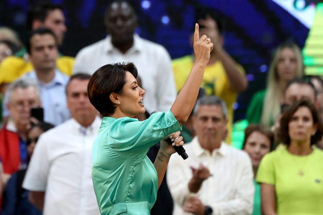 Michelle Bolsonaro at a campaign rally for her husband in Rio de Janeiro on July 24, 2022.