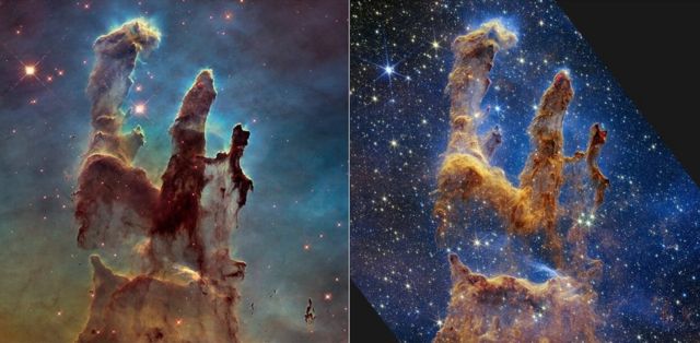 Image comparison of Hubble vs Webb Pillars