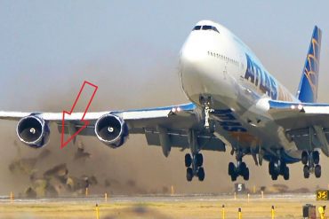 Images show the Boeing 747 destroying the side of the runway as it takes off