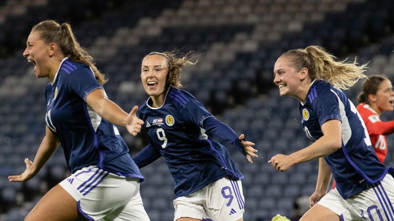 GLASGOW, SCOTLAND - OCTOBER 6: Scotland's Abi Harrison scores during the FIFA Women's World Cup play-off match between Scotland and Austria in a 1-0 win at Hampden Park on October 6, 2022 in Glasgow, Scotland.  (Photo: Alan Harvey/SNS Group)
