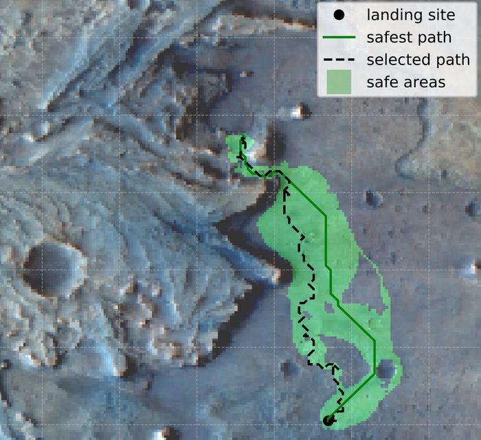 This map shows possible routes planned using new modeling approaches to balance the risks of sending autonomous robots to new places or planets.
